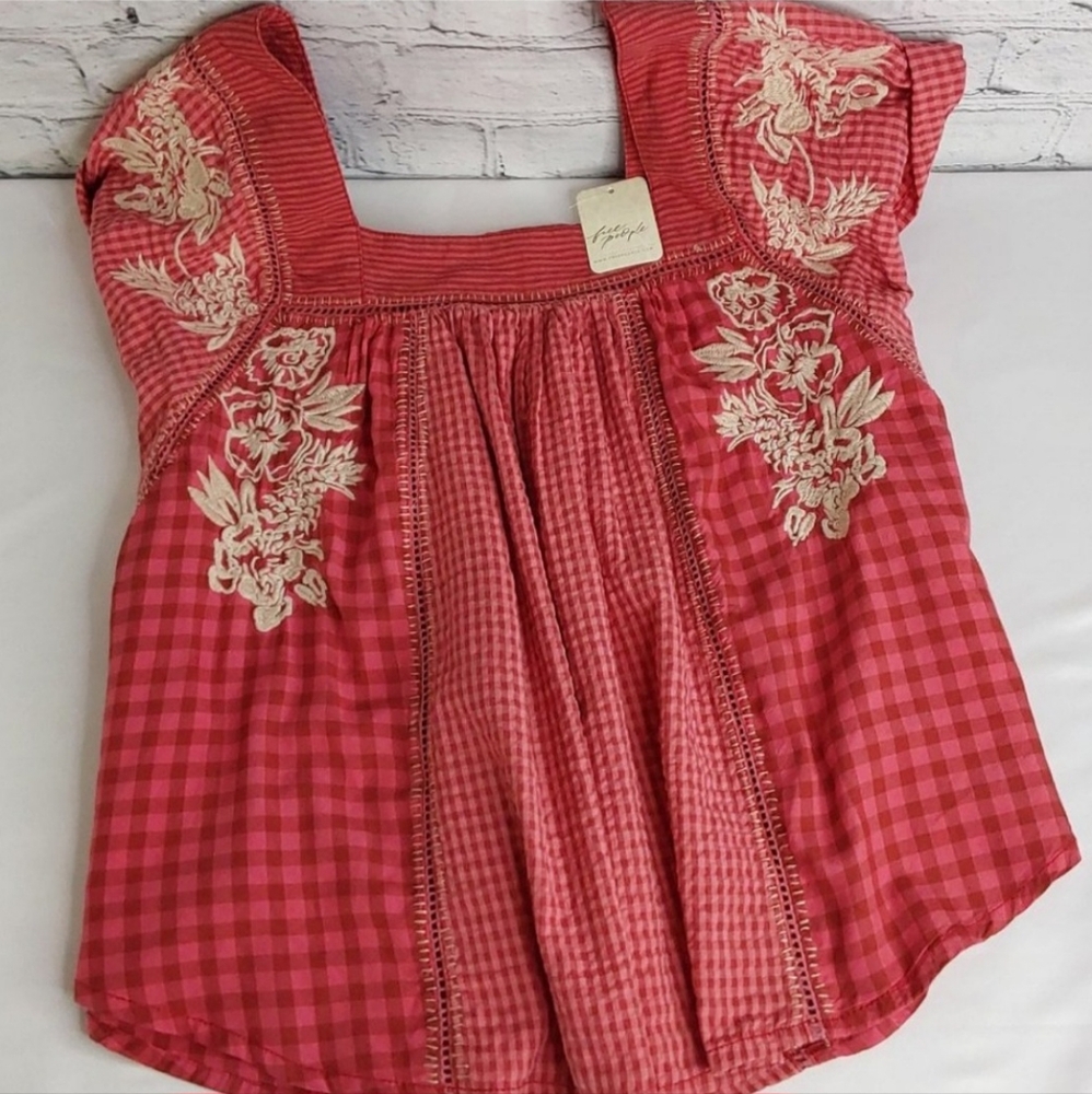 'FREE PEOPLE' 'BEĹĹA' EMBROIDED SQUARE-NECK PEASANT TOP FLUTTER-SLEEVE GINGHAM - Picture 16 of 16